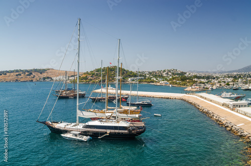 Sunny view of harbour from Castle of St. Peter  Bodrum  Mugla province  Turkey.