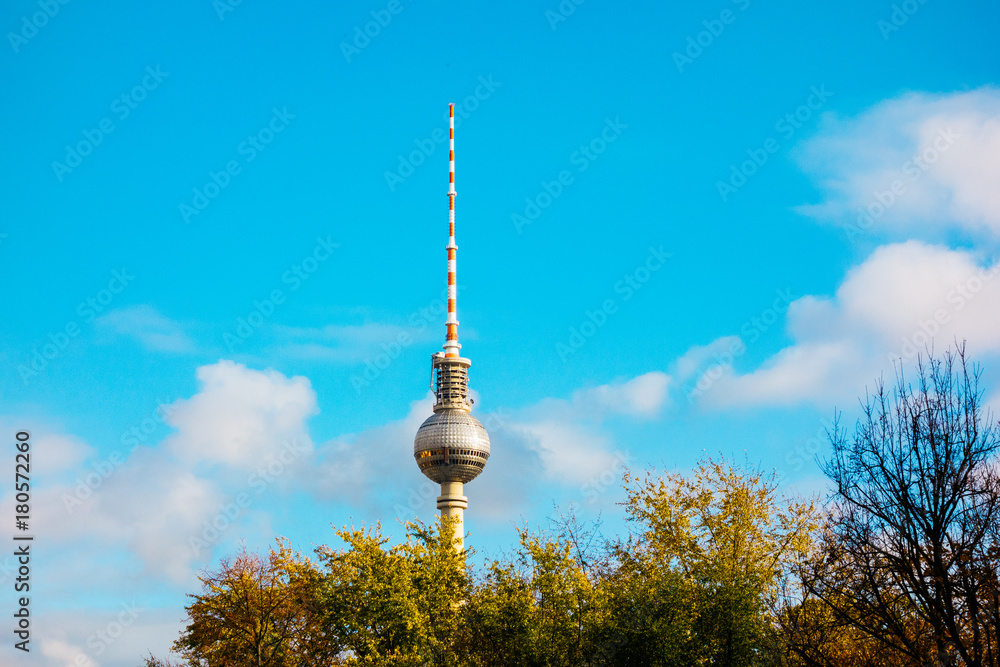 Naklejka premium tv-tower at berlin with green trees and copy space in the sky
