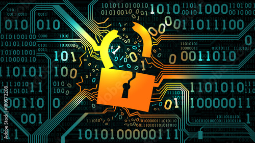 Broken lock on the background abstract electronic circuit board with binary code, hacking of a computer system, network, frame, well organized layers