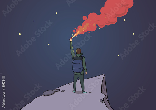 Tourist with the flare on a mountain looking at the stars. Backpacker on a rock sending SOS. Torch in the night. Horisontal vector illustration cartoon character. Conceptual art.