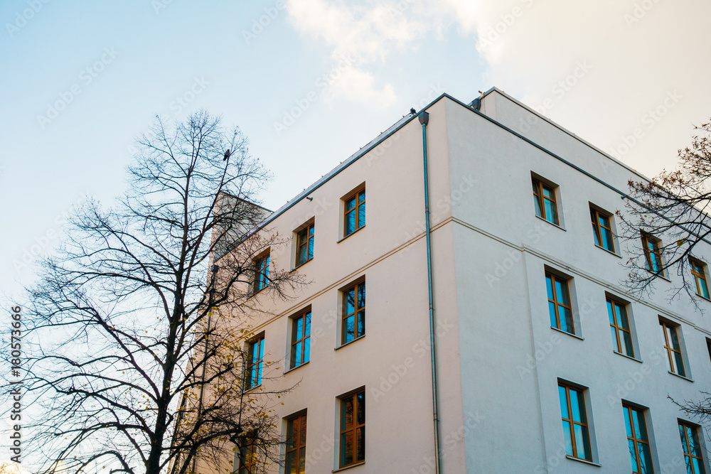 white apartment house with trees without leafs white apartment house with trees without leafs