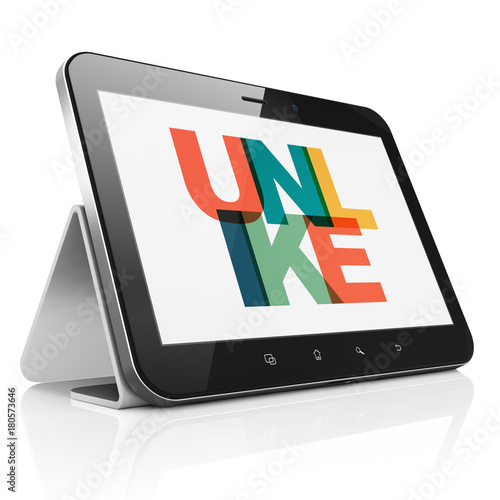 Social network concept: Tablet Computer with Painted multicolor text Unlike on display, 3D rendering