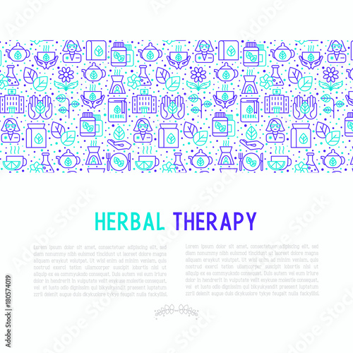 Herbal therapy concept with thin line icons: herbalist, decoction, aromatic oil, oil burner, tea. Vector illustration for banner, web page, print media.