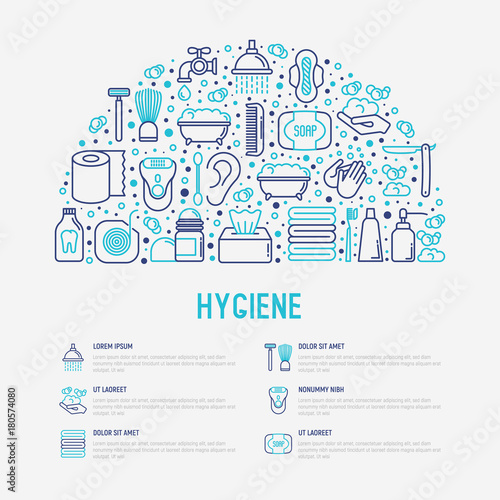Hygiene concept in half circle with thin line icons: hand soap, shower, bathtub, toothpaste, razor, shaving brush, sanitary napkin, comb, ball deodorant, mouth rinse. Vector illustration. © AlexBlogoodf