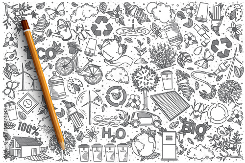 Hand drawn Ecology vector doodle set background