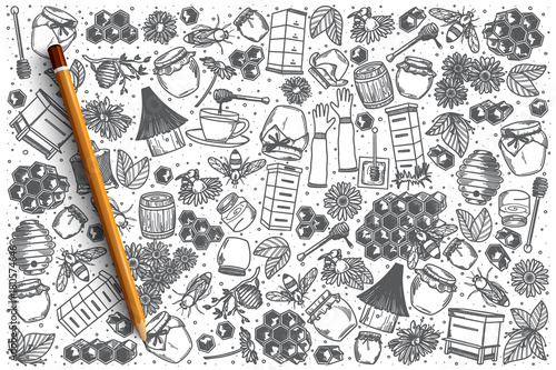 Hand drawn Honey vector doodle set background