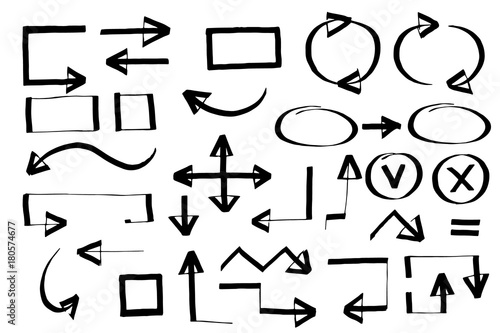 Handdrawn arrows vector set drawn by hand. Isolated vector illustration on white background.