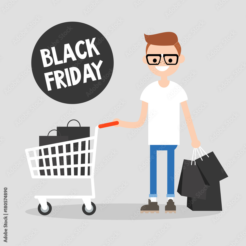 Black Friday sale. Young character holding a bunch of black shopping bags. Special offer. Shopping cart. Big sale event. Flat editable vector illustration, clip art Black Friday sale. Young character holding a bunch of black shopping bags. Special offer. Shopping cart. Big sale event. Flat editable vector illustration, clip art