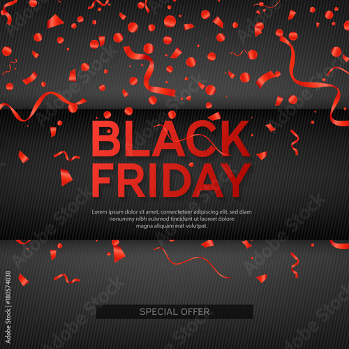 Black Friday Sale Poster with red serpentine and confetti on black Background. Vector illustration