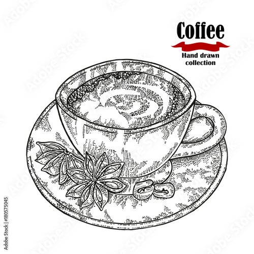 Hand drawn coffee cup isolated on white background. Vector illustration engraved.