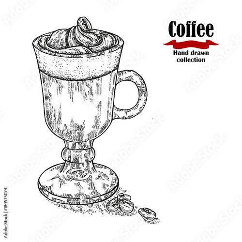 Hand drawn coffee cup isolated on white background. Irish coffee vector illustration engraved.