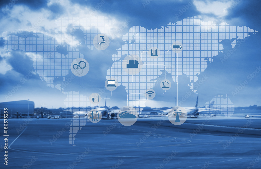 airport view abstract blur background with world map and transportation industry 4.0 icon