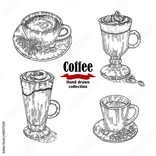 Hand drawn black coffee cup, Irish coffee, capuccino and espresso isolated on white background. Vector illustration engraved.