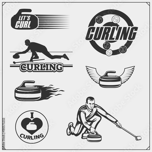 Set of curling labels, emblems and design elements.