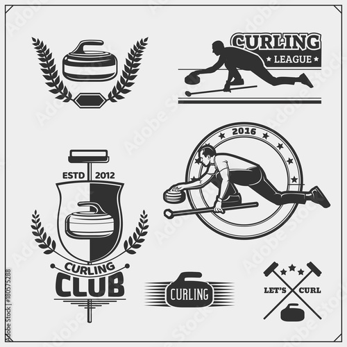 Set of curling labels, emblems and design elements.