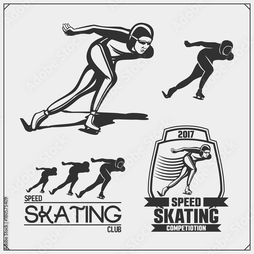 Set of ice skating labels, emblems and design elements. Vector illustration.