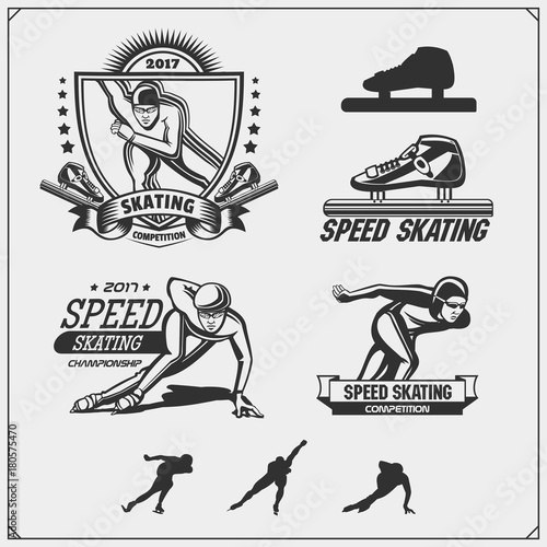 Set of ice skating labels, emblems and design elements. Vector illustration.