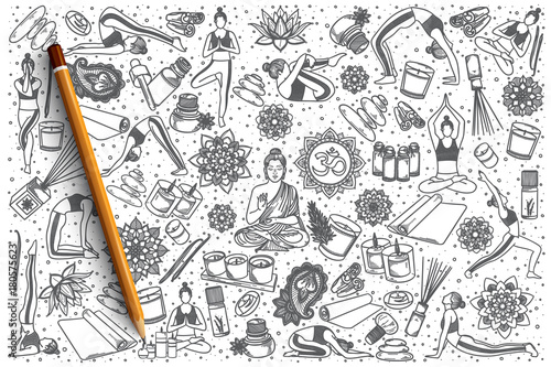 Hand drawn Yoga vector doodle set background