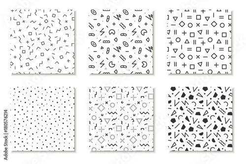 Collection of seamless memphis patterns, cards. Mosaic black and white textures. Fashion design 80 - 90s