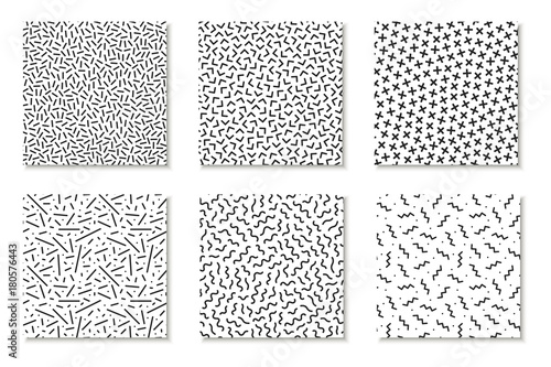 Collection of seamless memphis patterns, cards. Mosaic black and white textures. Fashion design 80 - 90s