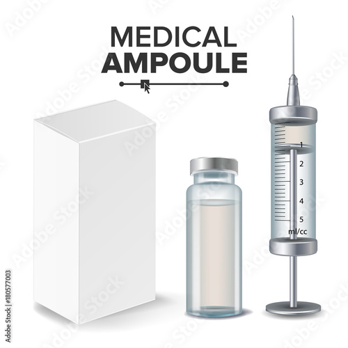 Medical Ampoule, White Package Box, Syringe Vector. Realistic Isolated Illustration