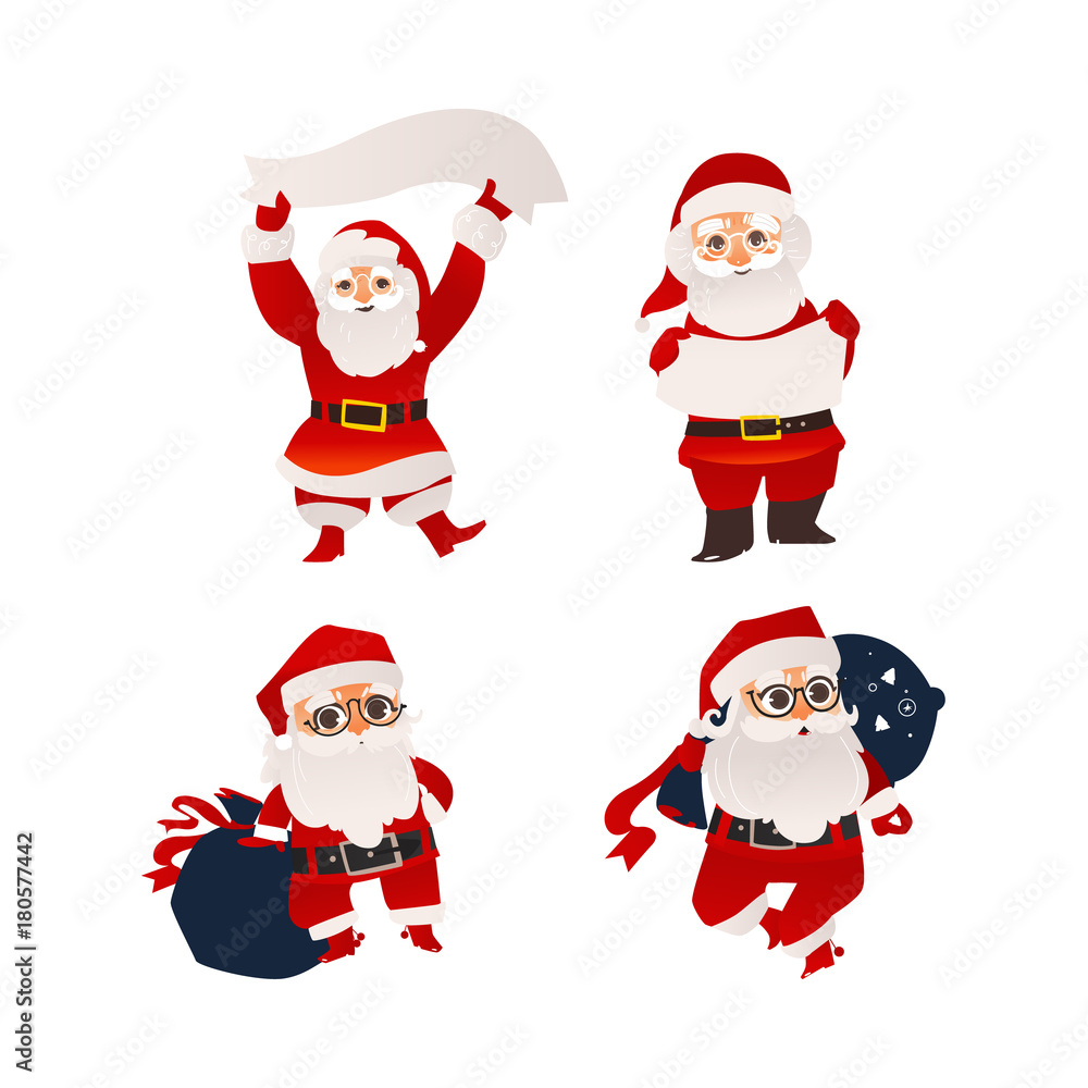 Set of Santa Claus characters holding banner, board, carrying bag of Christmas presents, flat cartoon vector illustration isolated on white background. Santa Claus holding banner, board, present bag Set of Santa Claus characters holding banner, board, carrying bag of Christmas presents, flat cartoon vector illustration isolated on white background. Santa Claus holding banner, board, present bag