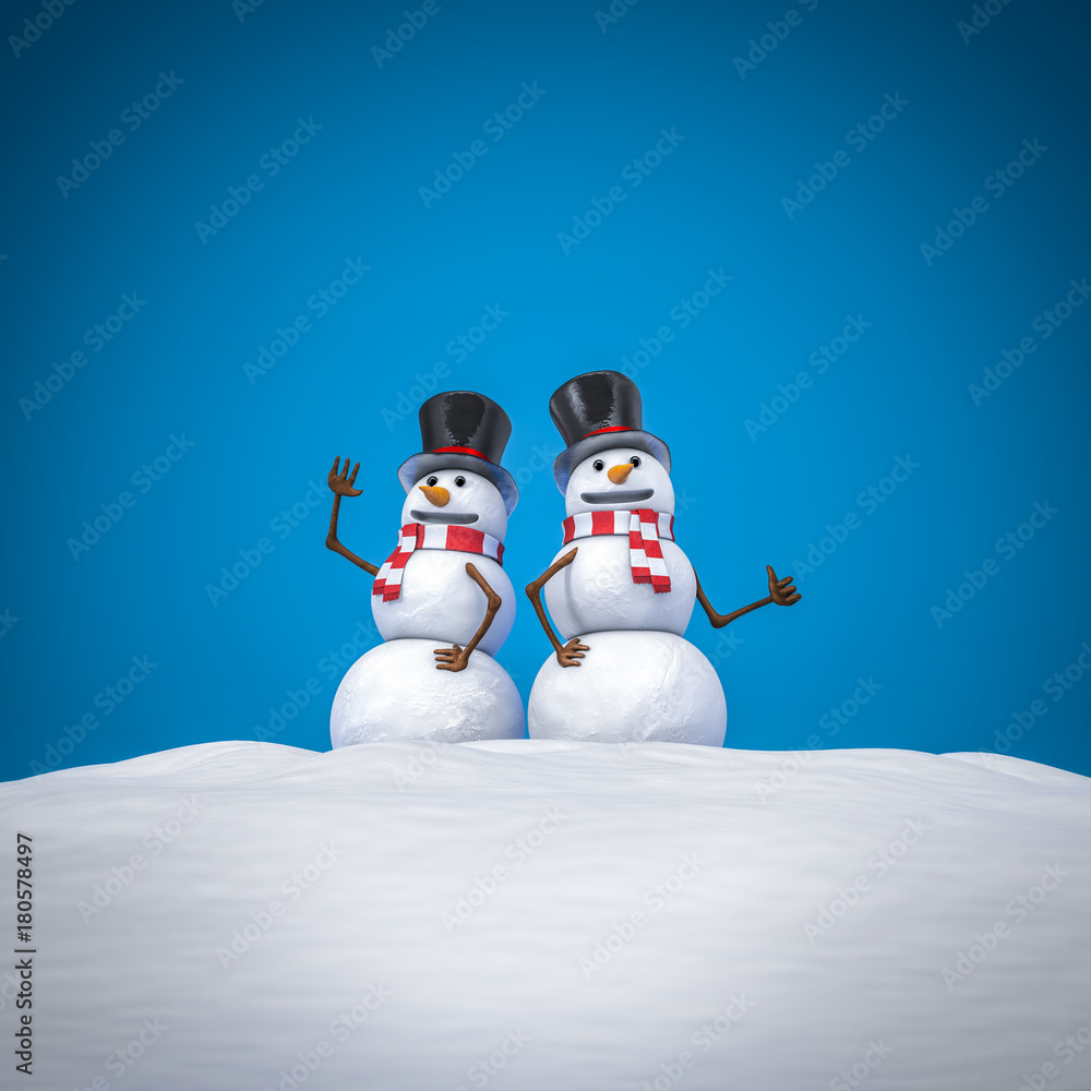 Obraz premium Merry pair of snowmen / 3D illustration of smiling snowmen with copy space