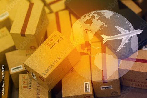 grouping Light brown small boxes and cell phone with a plane flies above world map. For ideas about transportation, international freight, global shipping, overseas trade, regional ,local forwarding.