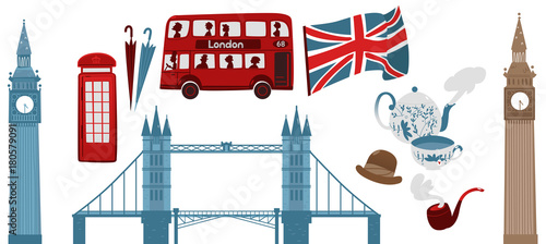vector flat United kingdom, great britain symbols set. Union Jack flag, british phone booth, Tower Bridge and Big Ban Tower of London, gentleman hat, umbrella, smoking pipe and teapot with cup icon.