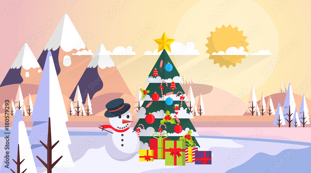 Flat Design of Snowy Landscape in Sunset with Christmas Tree and Snowman. Flat Design of Snowy Landscape in Sunset with Christmas Tree and Snowman.