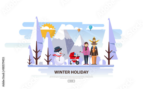 Winter Vacation Vector Backgound. White Snowy Landscape with Family photo