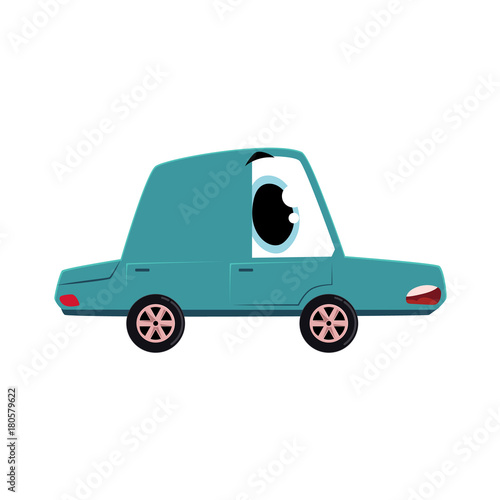 vector flat cartoon funny car character with eyes feels itself sick, ill and anxious. Isolated illustration on a white background. Vehicle needs mechanical treatment