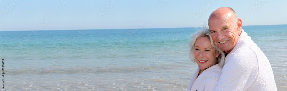 Portrait of senior couple relaxing on a resort beach- banner template web