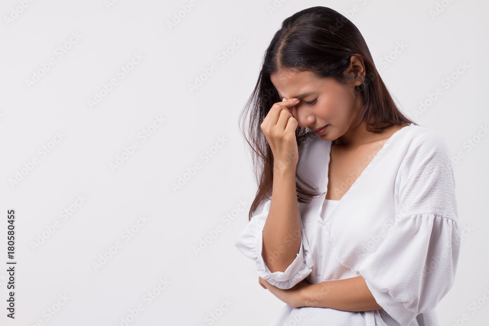 stressed woman with headache, vertigo, dizziness, migraine, hangover stressed woman with headache, vertigo, dizziness, migraine, hangover