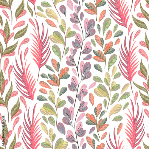 Seamless pattern with marine plants, leaves and seaweed. Hand drawn marine flora in watercolor style. Vector illustration