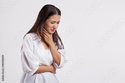 sick asian woman with sore throat, cold, flu