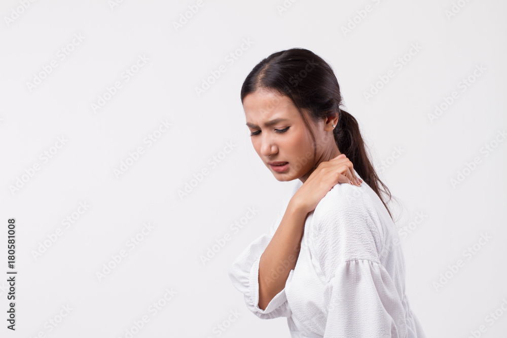 woman with shoulder or neck pain, stiffness, injury woman with shoulder or neck pain, stiffness, injury