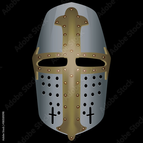 3d medieval Topfhelm helmet. Helmet with horizontal viewing slot on black background
