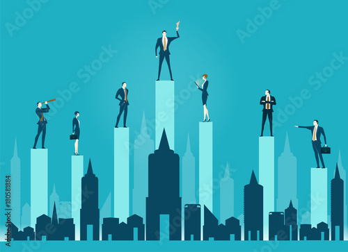 Group of business people staying on top of the chart bars in the City. Business concept illustration