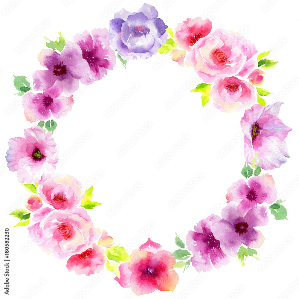 Wildflower eustoma flower wreath in a watercolor style. Full name of the plant: eustoma, marigolds, tagetes. Aquarelle wild flower for background, texture, wrapper pattern, frame or border.