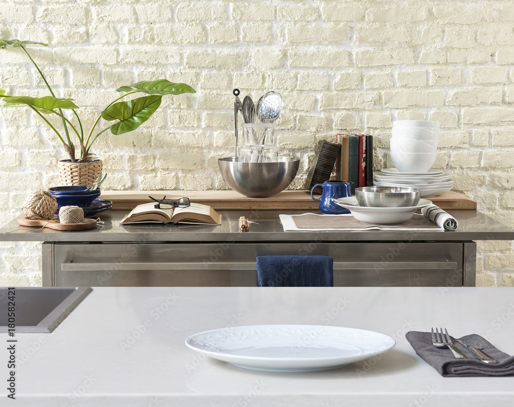 elegant white kitchen with metalic island counter elegant white kitchen with metalic island counter