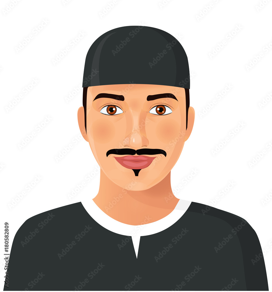 Handsome arabian iran man with mustache avatar in traditional hat isolated face vector Illustration Handsome arabian iran man with mustache avatar in traditional hat isolated face vector Illustration