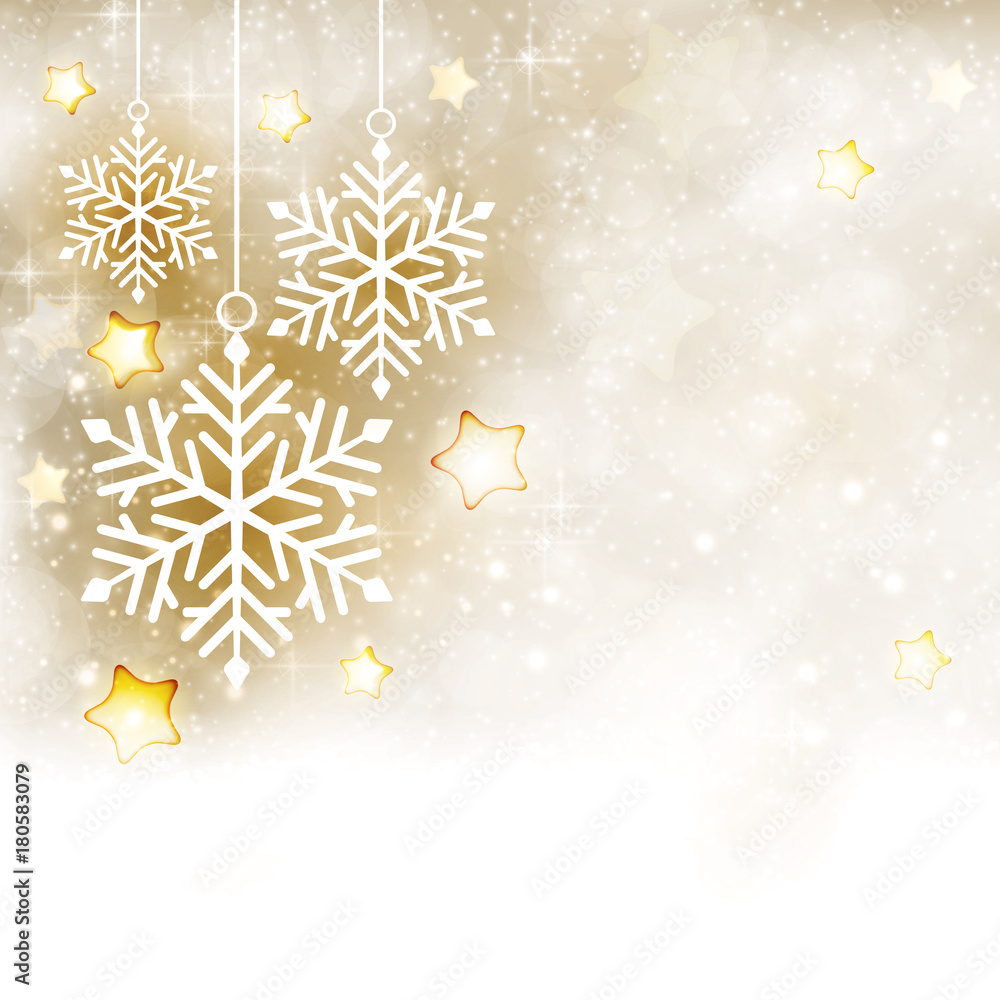 Fototapeta premium White golden winter, Christmas background with snowflakes and stars