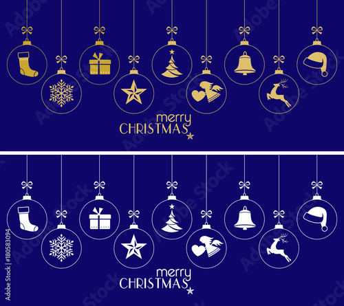 Hanging Christmas baubles, Christmas ornaments on dark blue