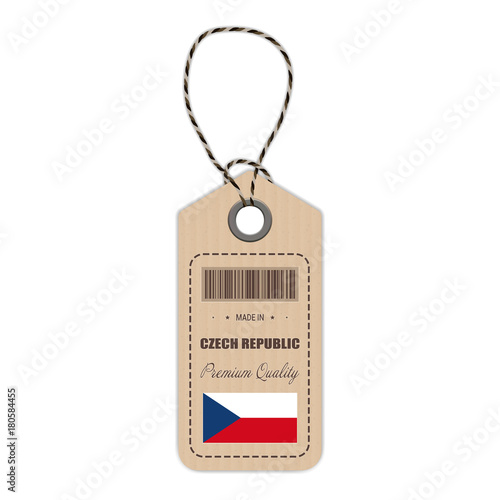 Hang Tag Made In Czech Republic With Flag Icon Isolated On A White Background. Vector Illustration. Made In Badge. Business Concept. Buy products made in Czech Republic. Use For Brochures, Printed