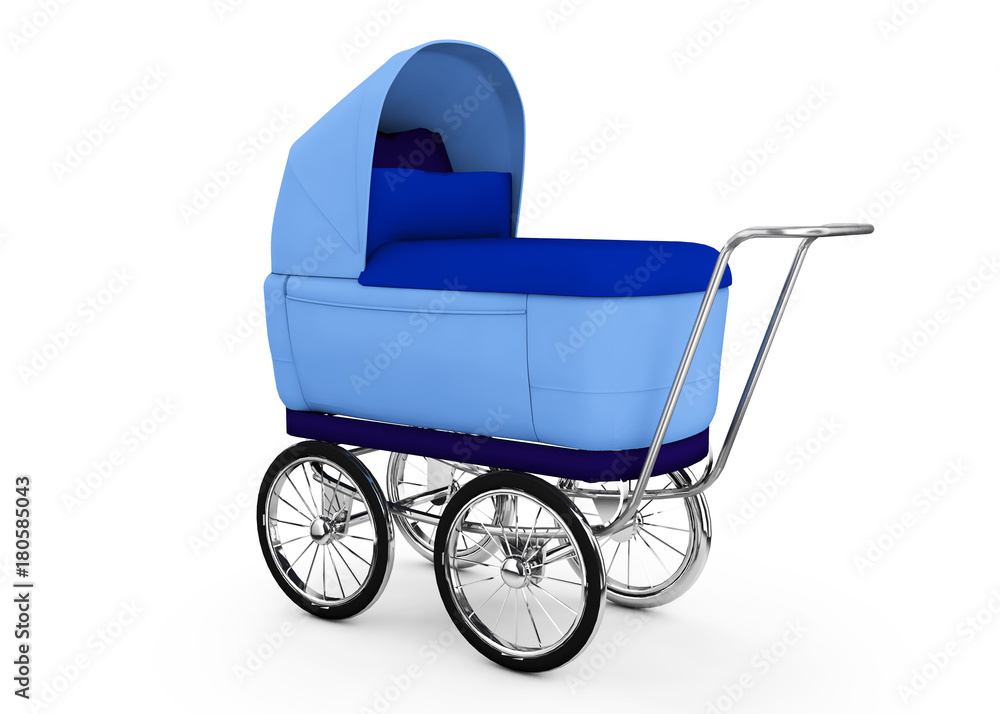 Retro baby stroller isolated on white background. For boy. 3d rendering. Retro baby stroller isolated on white background. For boy. 3d rendering.