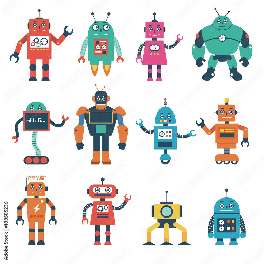 Set of Robot Characters Isolated on White Background