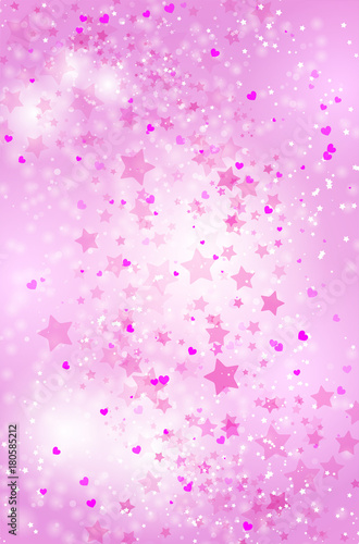 Abstract romantic pink background with flying stars and hearts