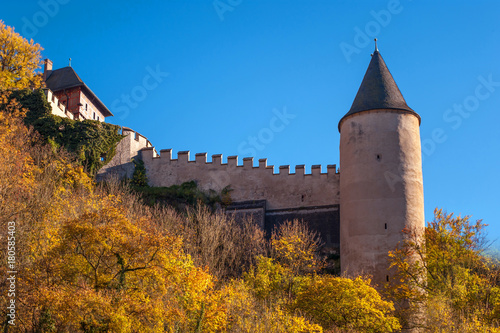 Karlstein castle wall and tower in autumn time