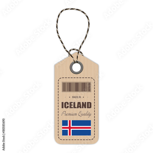 Hang Tag Made In Iceland With Flag Icon Isolated On A White Background. Vector Illustration. Made In Badge. Business Concept. Buy products made in Iceland. Use For Brochures, Printed Materials, Logos